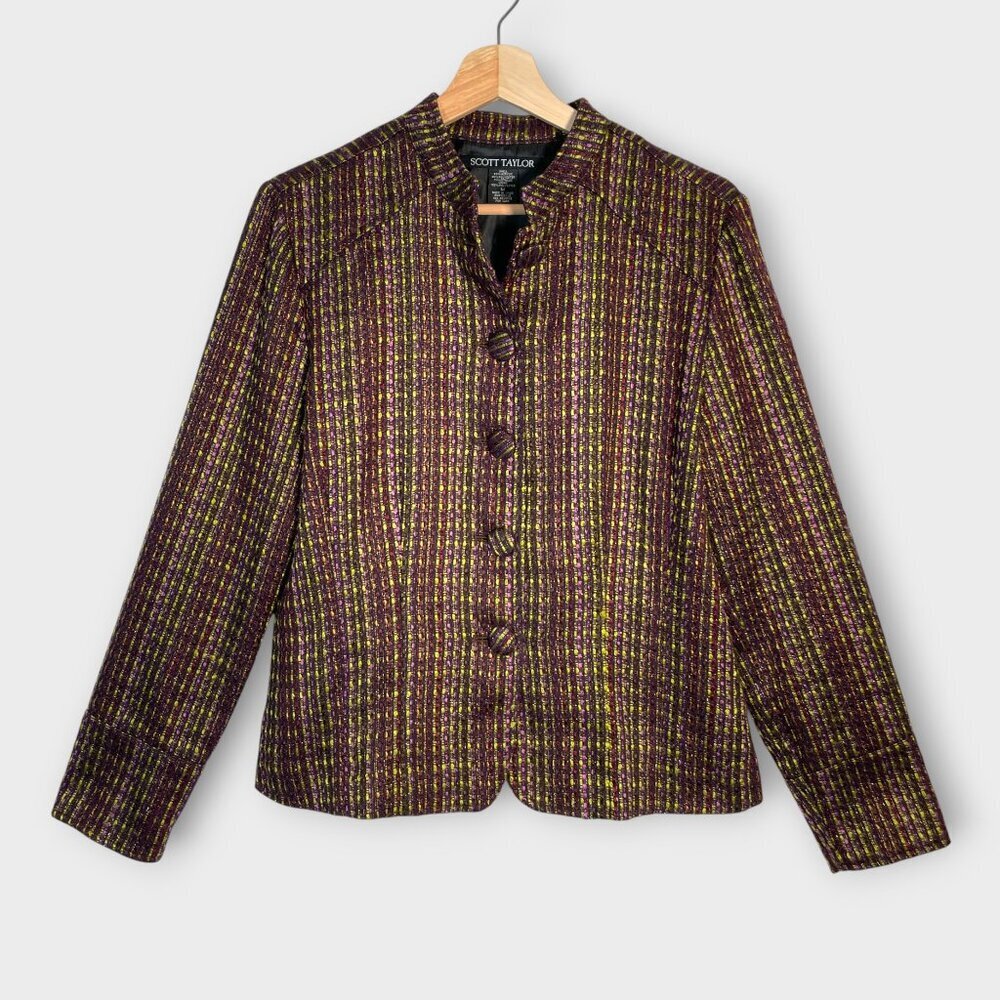 🦜 Scott Taylor Tweed Jacket Blazer MEDIUM Fully Lined Purple Green Metallic